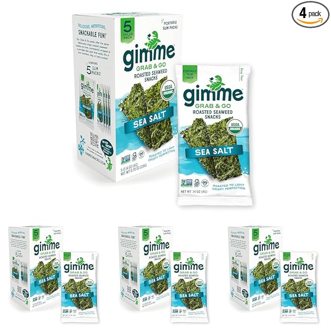 Gimme Seaweed Grab & Go - Sea Salt - 5 Count - Organic Roasted Seaweed Sheets - Keto Vegan Gluten Free - Great Source of Iodine & Omega 3’s - Healthy On-The-Go Snack for Kids Adults (Pack of 4)