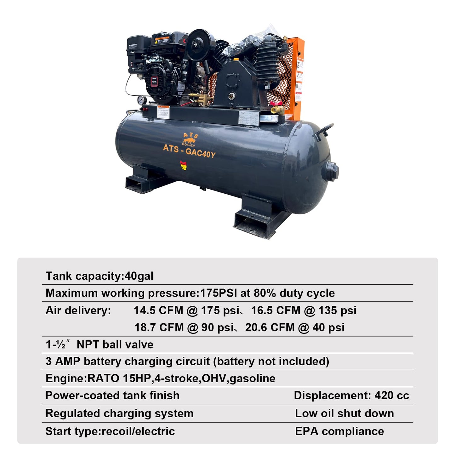 40 Gallon Air Compressor - 15HP 420cc Gasoline Engine, 175 psi Max Pressure, 24 CFM, 2 Stage Compression For Sandblasting, Impact Wrenches, Spray Guns