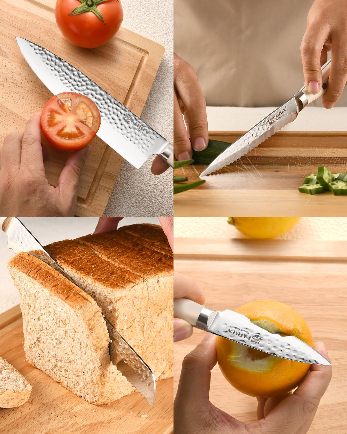 Kitchen Knife Set,14-Piece Knife Set With Block Wooden, Self Sharpening For Chef Knife Set, High Carbon German Stainless Steel Hammered Collection Knife Block Set, Dishwasher Safe Cutlery, Cream