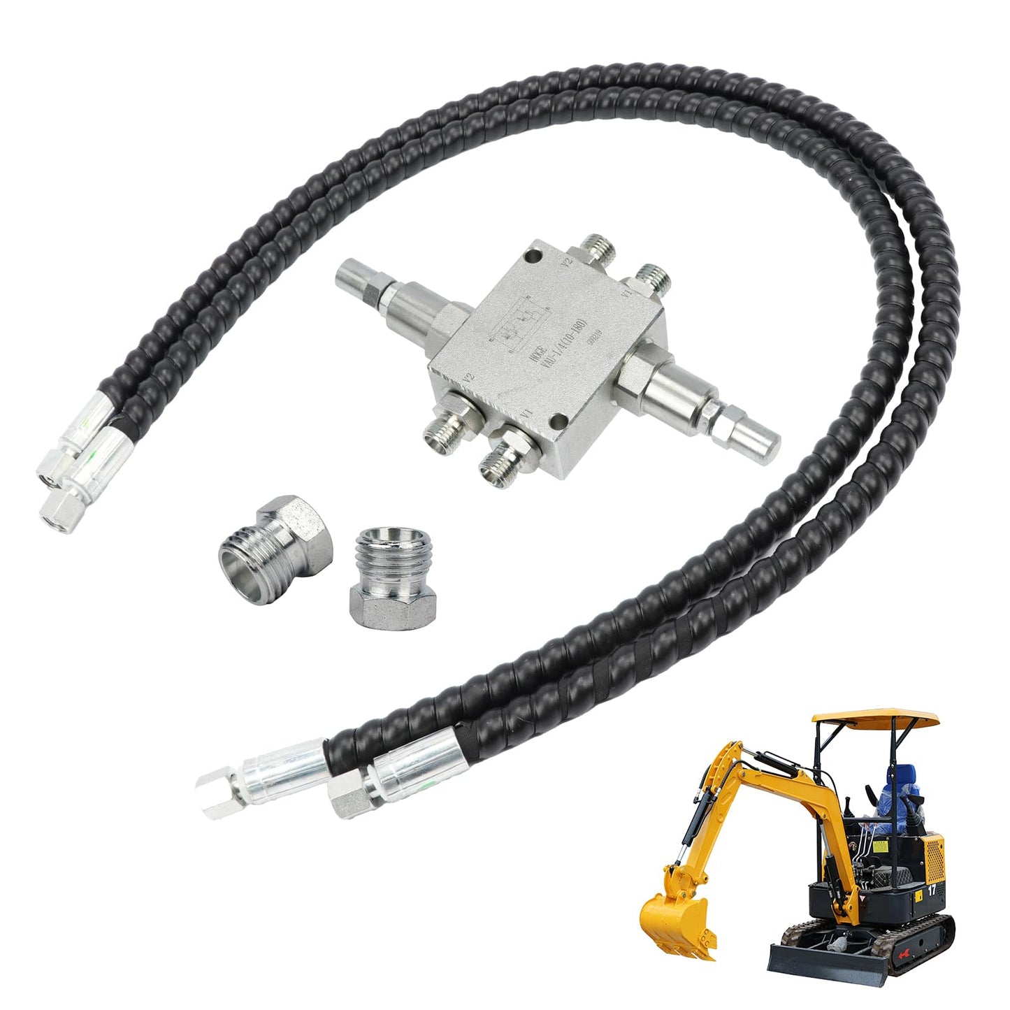 Mini Excavator Cushion Valve Kit Complete for Swivel Motor Assembled Fits any mini excavator or machine with 1/4" hydraulic hoses and M14x1.5 threaded ends (Silver 2)