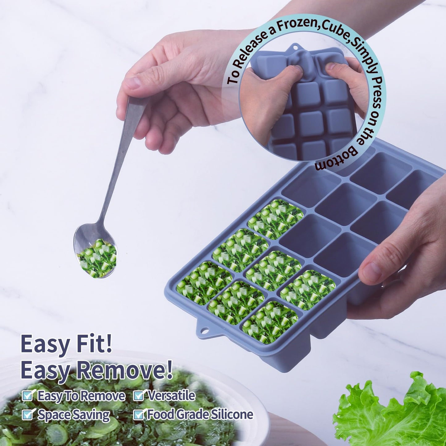 2 Tbsp Silicone Freezer Molds - Perfect for Storing Garlic, Herbs, Ginger, Pesto, Tomato Paste, Lemon Juice, Purees and More - Silicone Food Freezer Tray (Blue 2 Pack)
