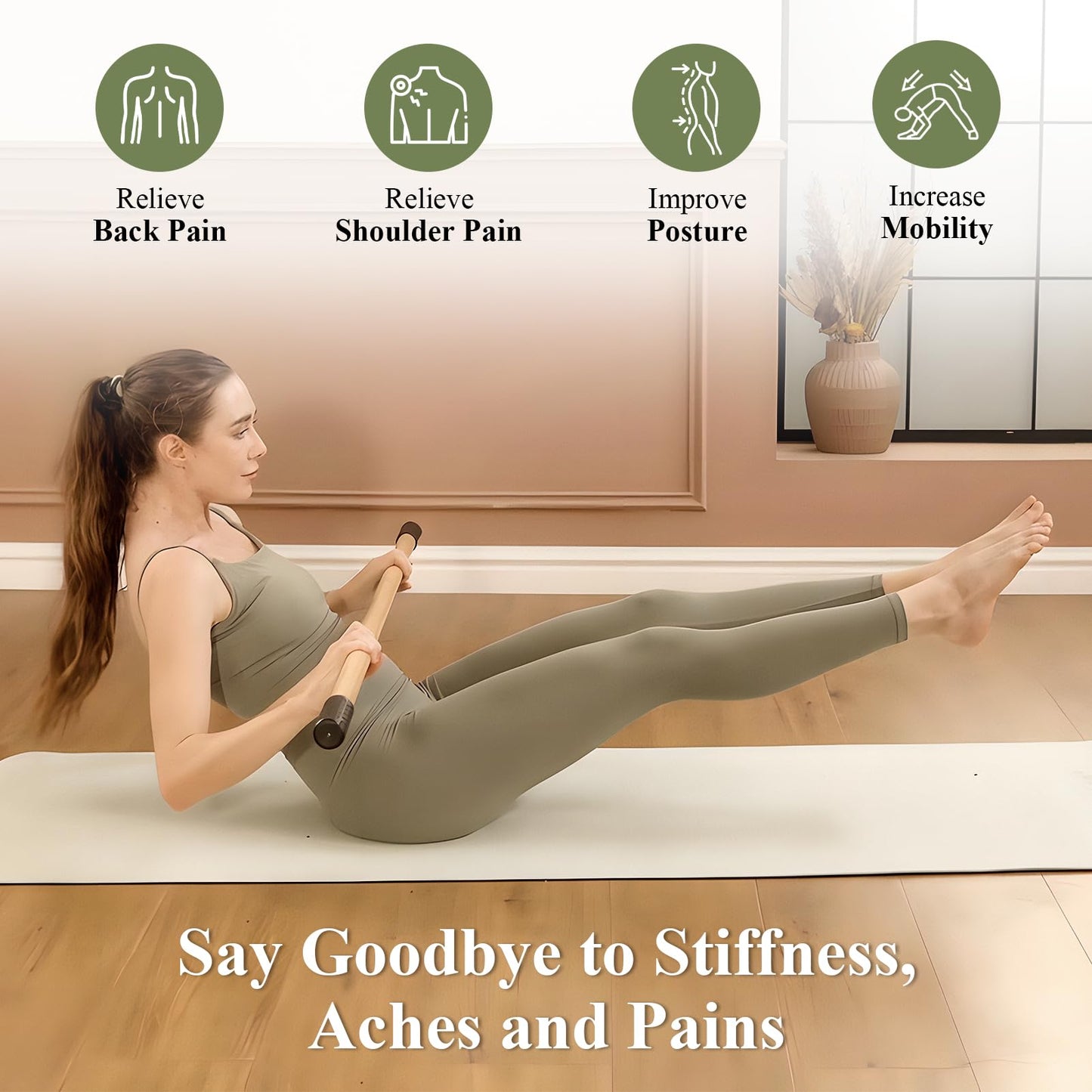 PAETA Yoga Stick for Stretching, 5ft Exercise Stick for Mobility & Flexibility, Bamboo Stretch Bar and Posture Pole with Non-Slip Grip - Includes Free Video Guide