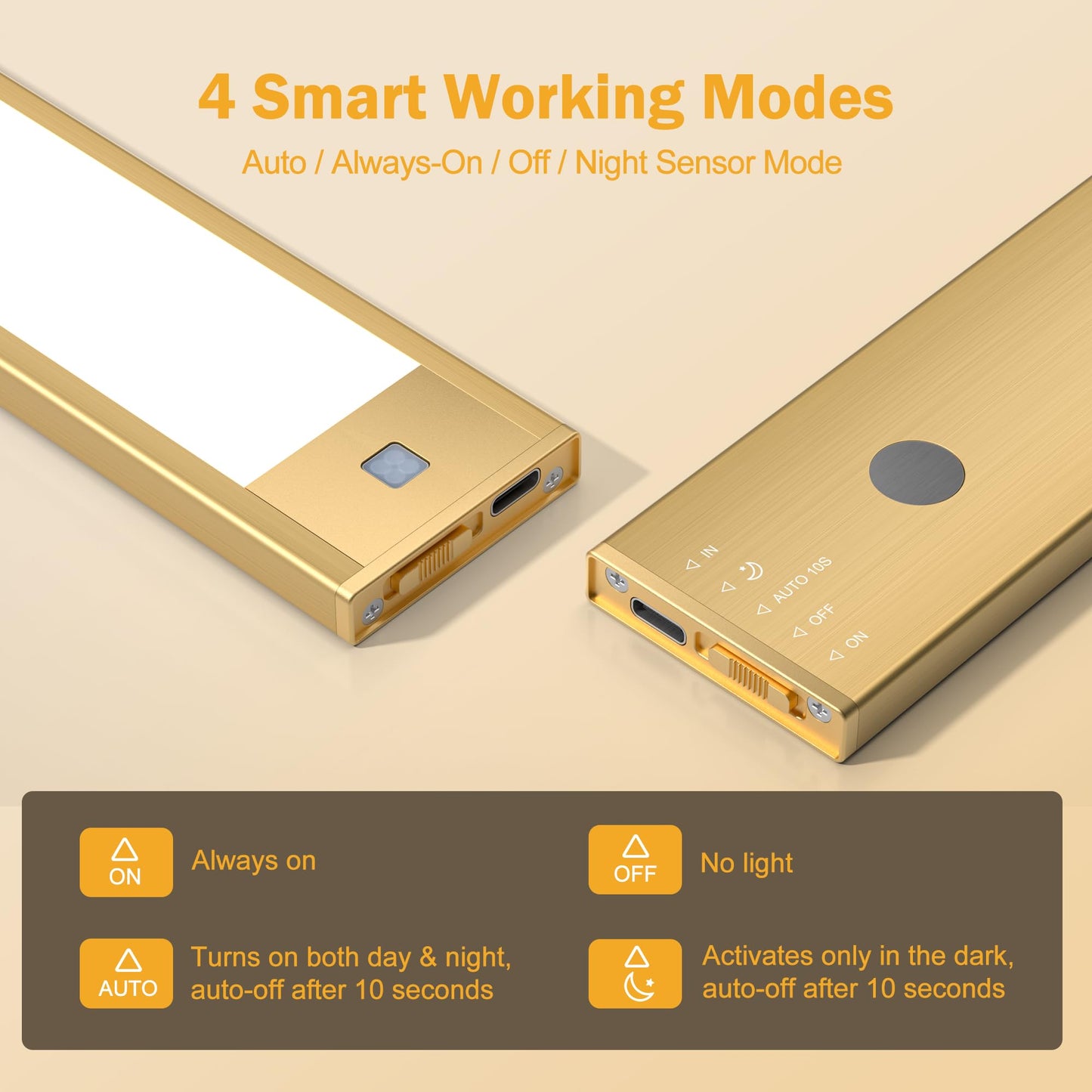 V4light Rechargeable Motion Sensor Under Cabinet Light, Magnetic LED Bar with 1500mAh, Gold Aluminum Accent Lighting, Dimmable 3 Color Temperatures for Kitchen Cabinets, Shelves & Closets (9 in)