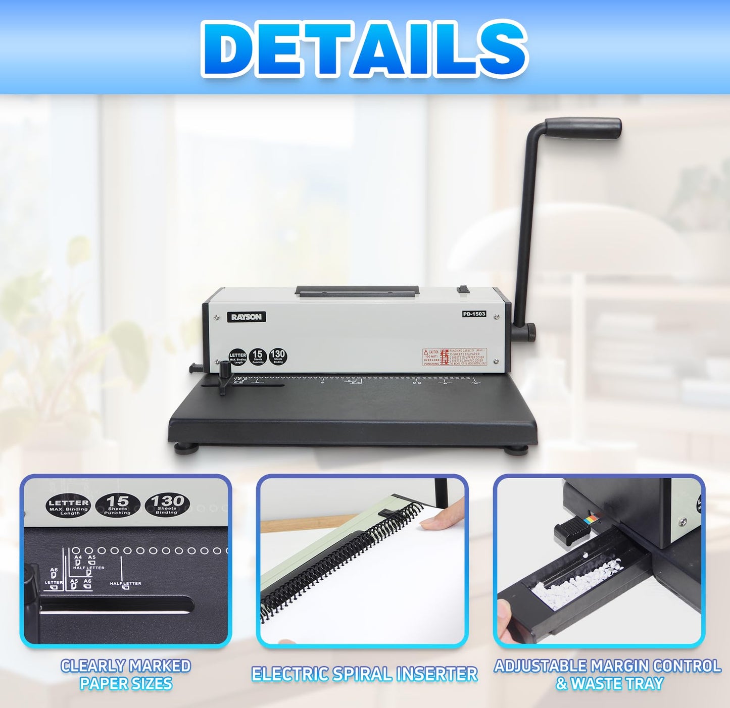 Rayson PD-1503 Coil Binding Machine 43-Hole 4:1 Spiral Binder with Inserter