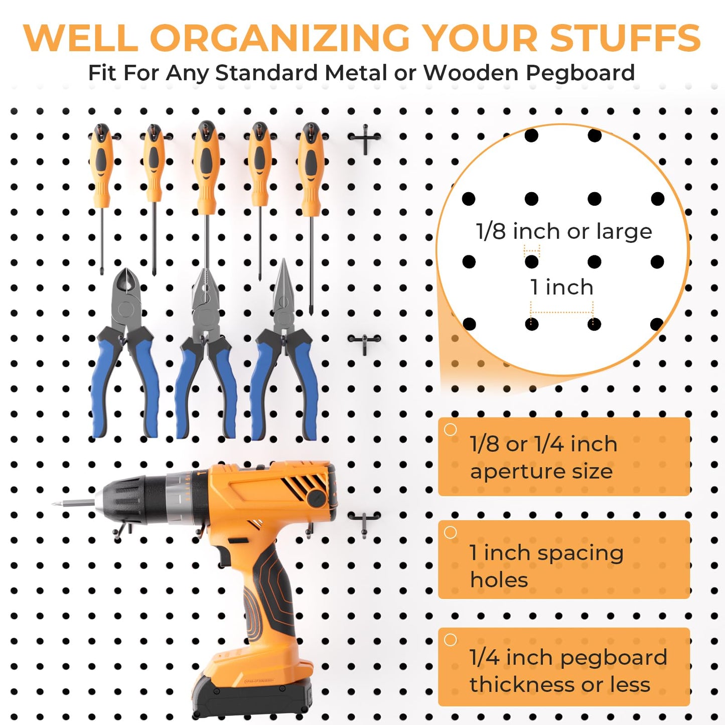 INCLY 120 Pack Black Pegboard Hooks, 4/6/8 Inch Peg Board Shelving Hooks Accessories, Peg Board Tool Hangers Fit for 1/8“ and 1/4" Pegboard Hanging Tools for Garage, Craft Room, Kitchen, Store