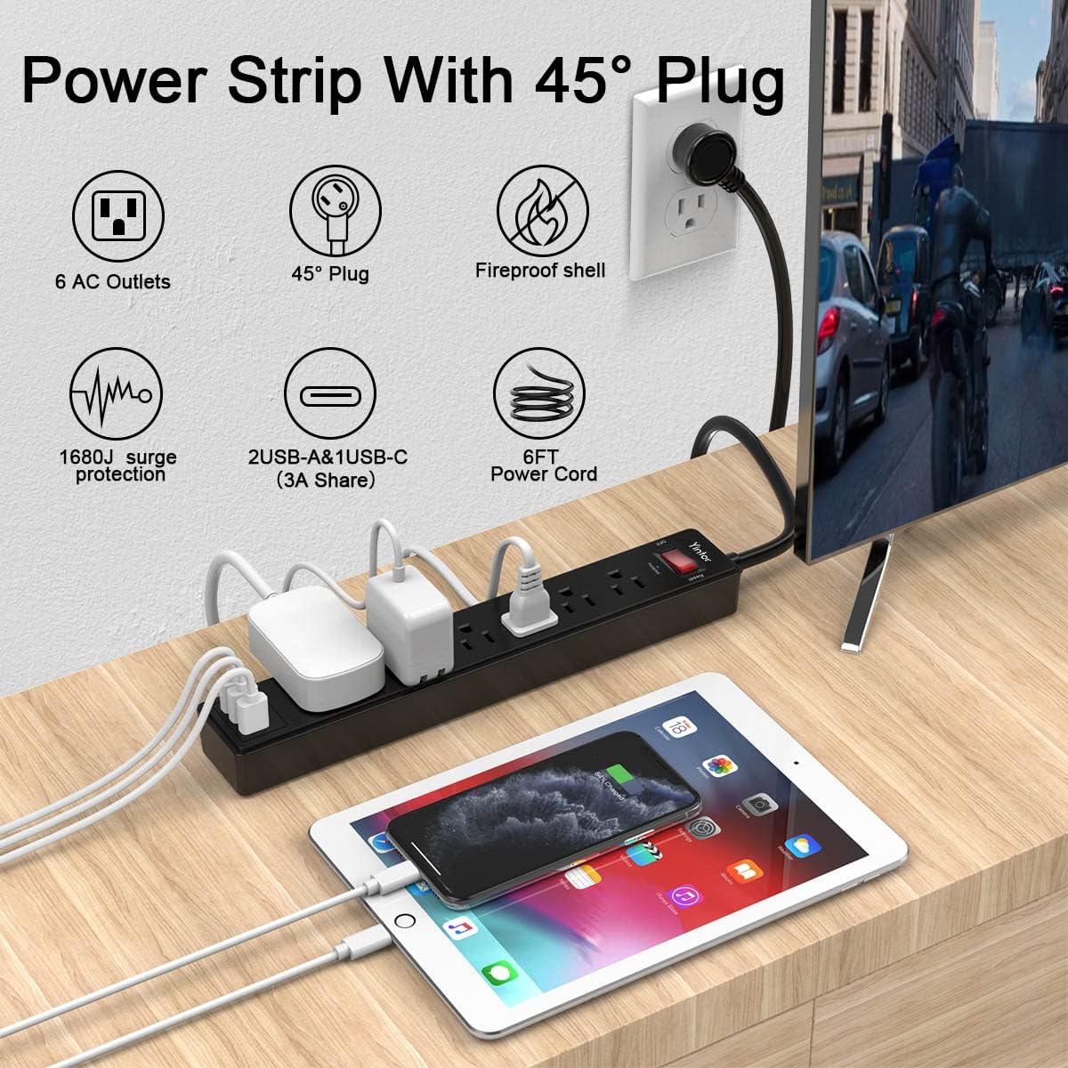 Yintar 6Ft 6 3 1680 Power Strip Surge Protector - Extension Cord with AC Outlets and USB Ports for for Home, Office