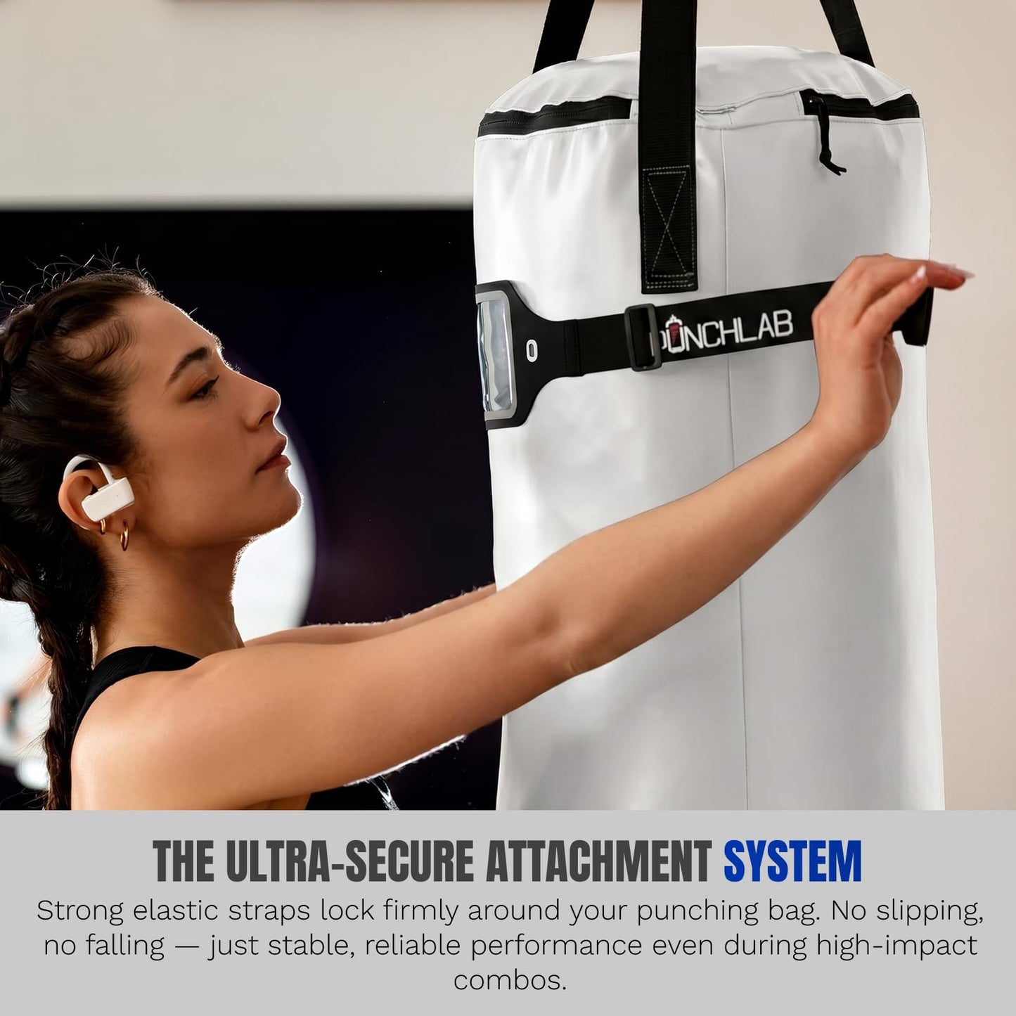 PunchLab Boxing Phone Holder for Punching Bag – Heavy Bag Strap Mount with Punch Tracker, Fits All Hanging & Freestanding Bags, Works with PunchLab App (Free App Included)