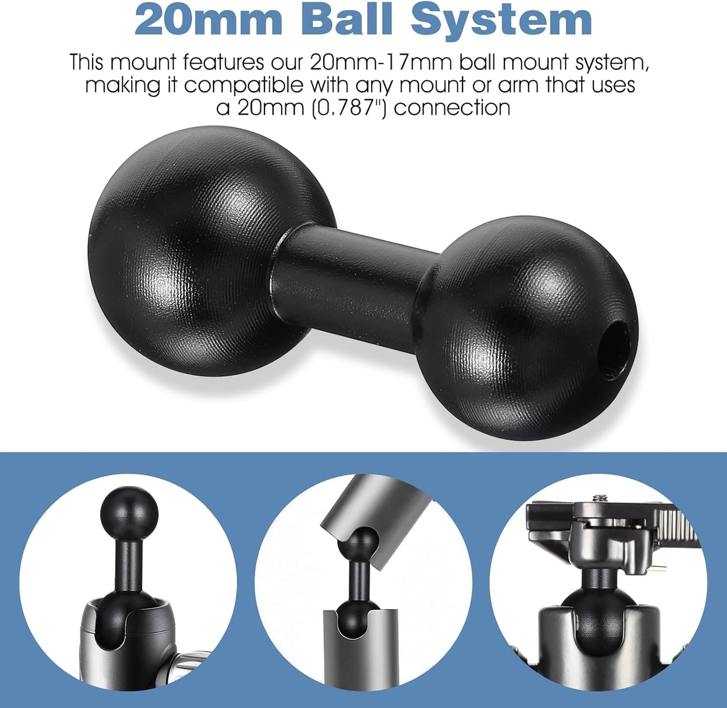 Exircy 20mm 17mm 17mm Aluminum Ball to Ball Adapter Extension Connector, Black Balls Mount Arm for GPS Devices