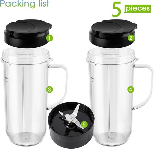 Magic Bullet Blender Cups - 5-Piece Set with 22oz Tall Cup, Flip-Top Lid & Cross Blade