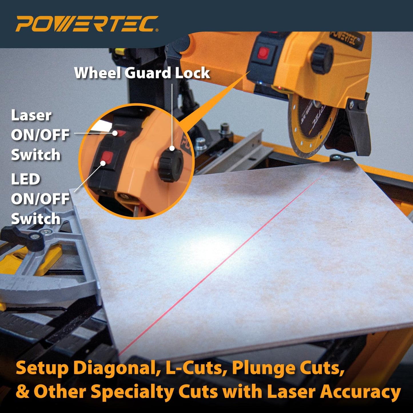 POWERTEC PRO 7-Inch Wet Tile Saw with Stand - 10-Amp, 1.5 HP Tile Cutter with Laser & LED Light, for Precise Ceramic & Porcelain Cuts (TLS1003)