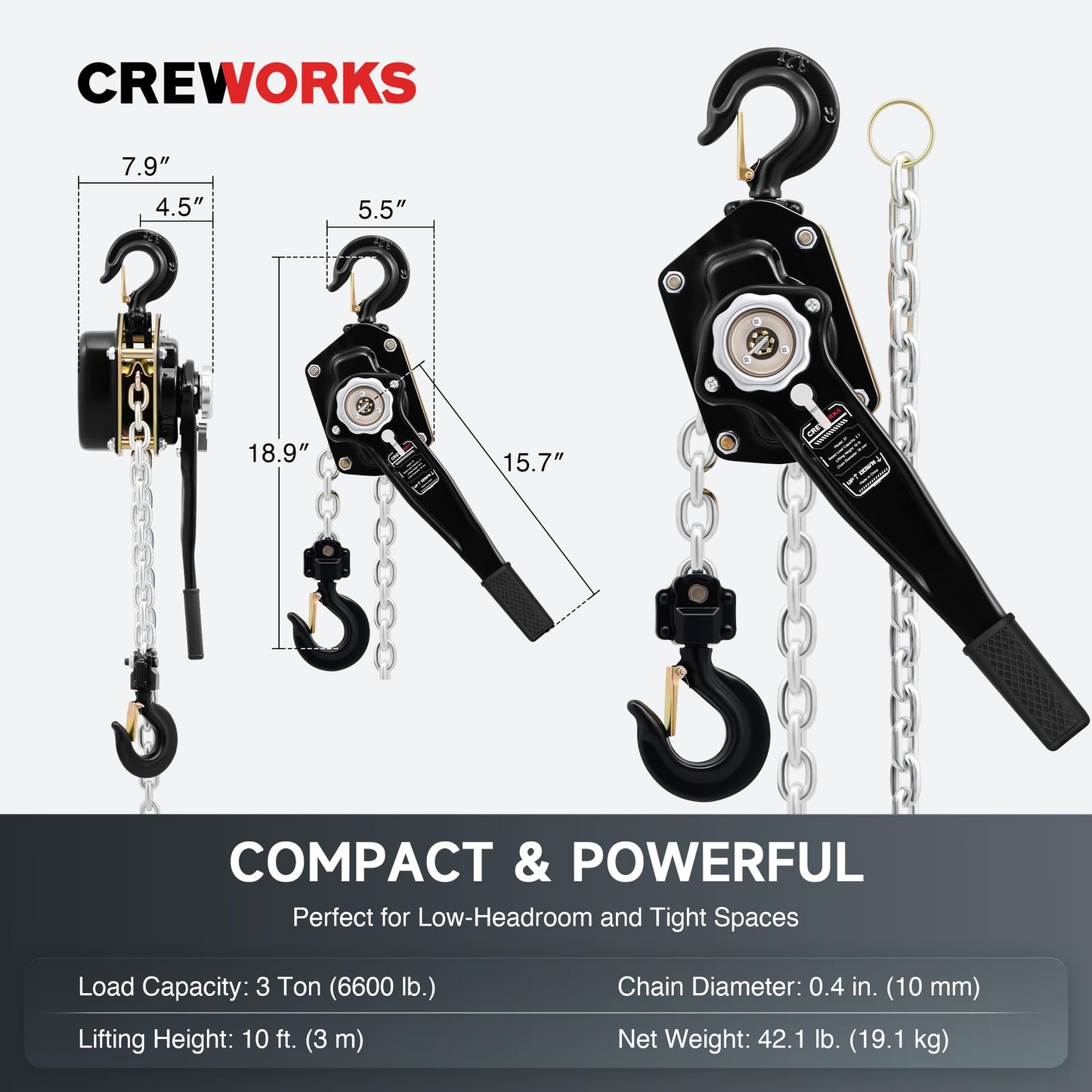CREWORKS Lever Chain Hoist, 3 Ton 6600 lb Capacity 10 ft Manual Chain Hoist with G80 Galvanized Chain & Swivel Hooks, Heavy Duty Manual Lever Hoist for Construction Warehouse Automotive Factory
