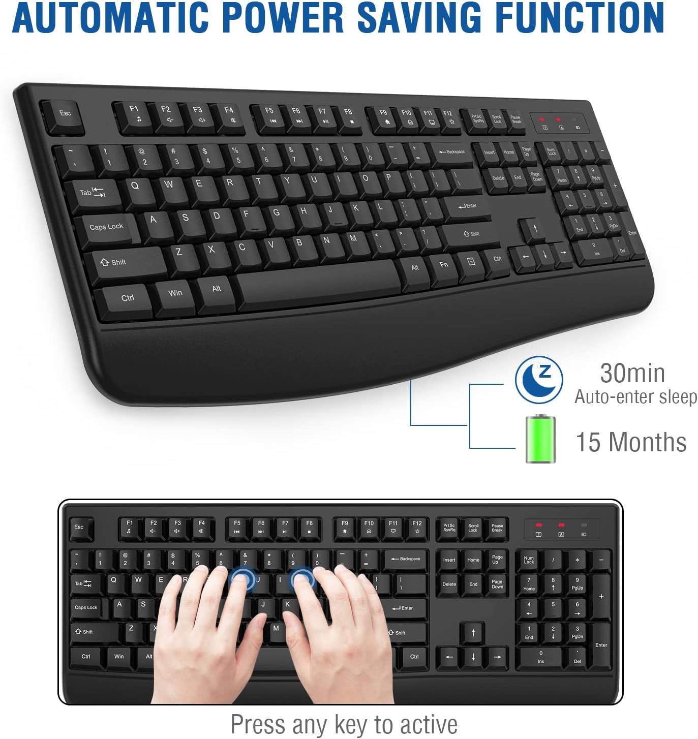 EDJO 2.4G Wireless Keyboard, Ergonomic Full Size Wireless Computer Keyboard with Wrist Rest for Windows, Mac OS