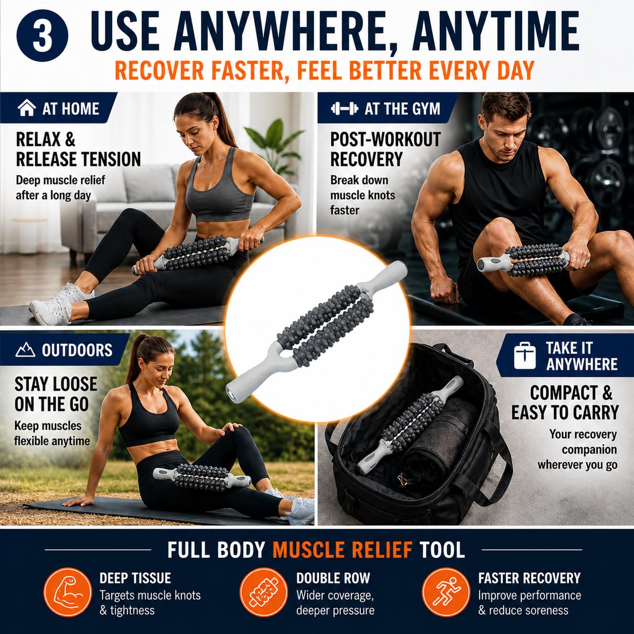Muscle Roller Stick, Double Row Deep Tissue Massage Stick for Muscle Recovery, Portable Massage Roller for Legs, Calves & Back, Trigger Point Therapy for Athletes & Runners