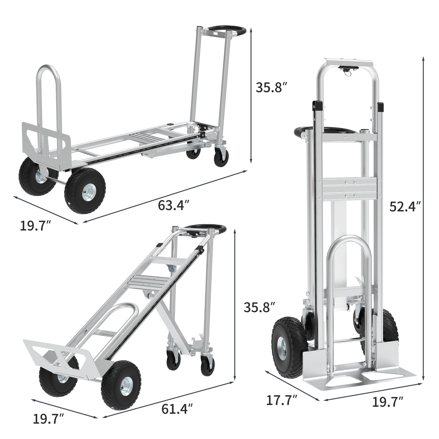 Aluminum Convertible Hand Truck, 800lbs 3 in 1 Folding Dolly Cart Lightweight Frame,Heavy Duty Industrial Platform Cart Handtruck for Construction, Logistics, Shopping, Home, Office Moving (Silver)