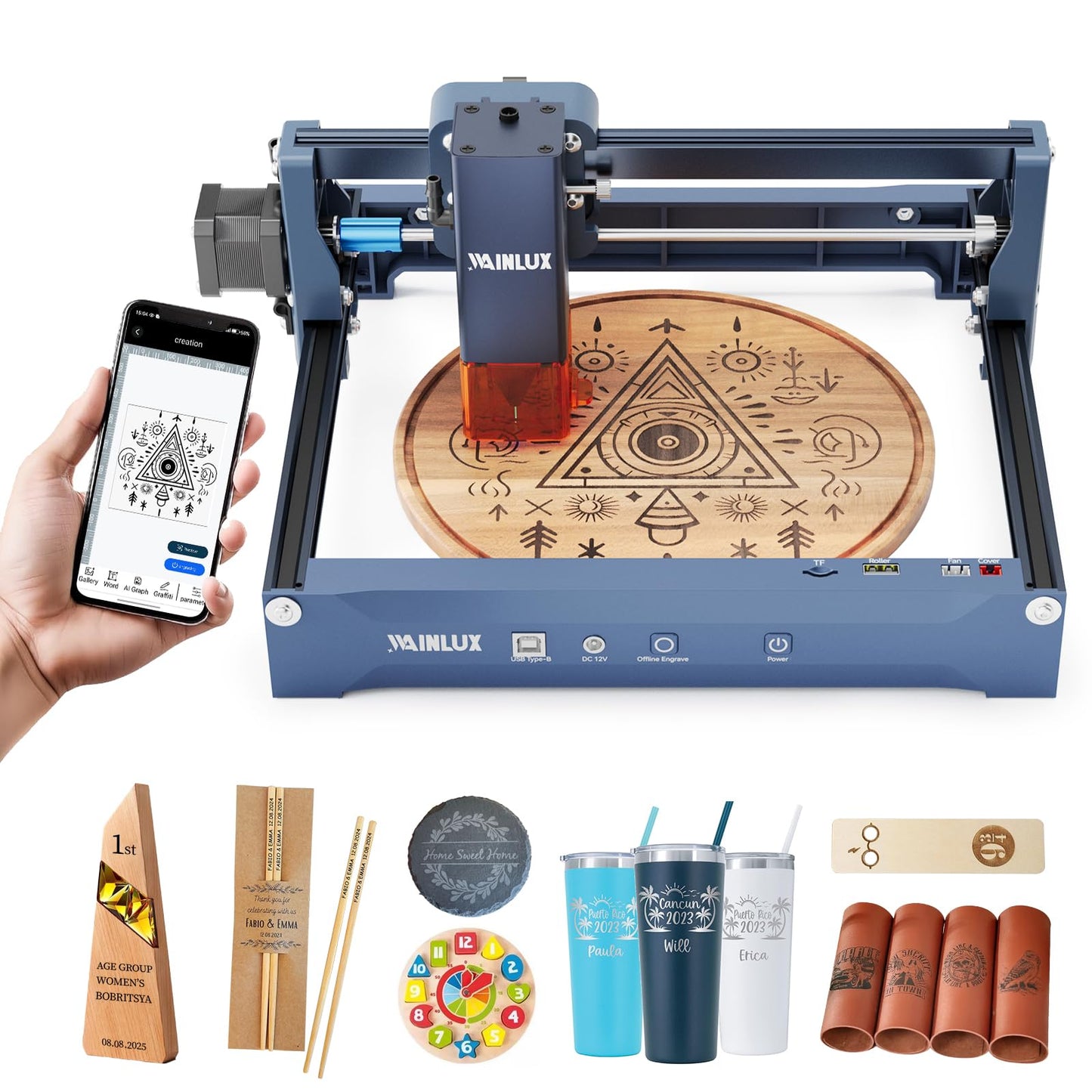 Laser Engraver,WAINLUX X2 5W Laser Engraver Machine with Air Assist, 5000mm/min High Precision Engraving Area 200 * 150mm DIY Laser Cutter and Engraver for Wood|Leather|Acrylic|Glass|Class1