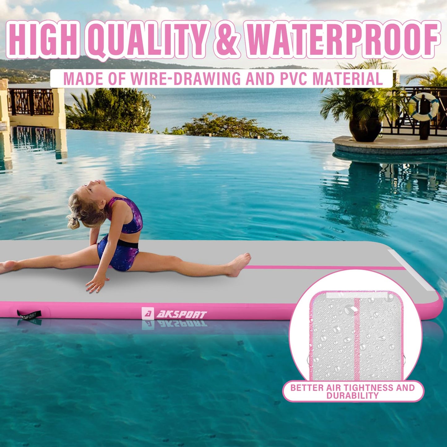AKSPORT Inflatable Gymnatsics Mat Tumble Track 10ft 13ft 16ft 20ft 23ft Air Tumbling Mat with Air Pump for Home Use/Training/Cheerleading/Yoga
