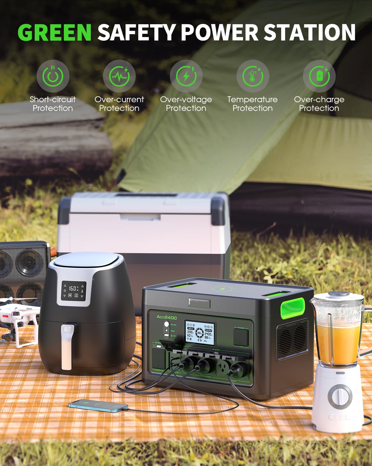 Portable Power Station 2400W Solar Generator, 1843.2Wh UPS Home Battery Backup, LiFePO4 Battery Supply with 12 Outlets(2400W AC Outlets), USB-C PD100W, 2Hrs Quick Charge, RV Camping