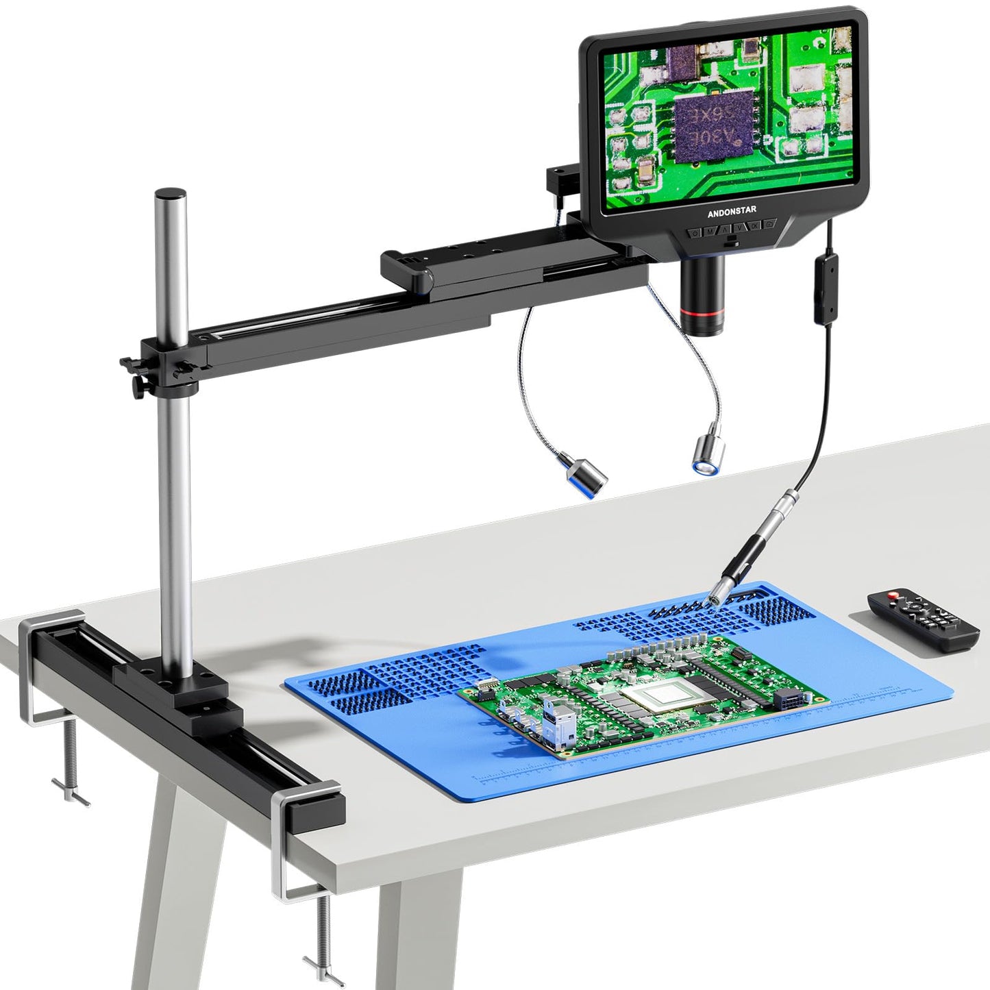 Andonstar AD409 SA 10.1'' HDMI Soldering Digital Microscope with Slide Rail Arm, Endoscope, 300X USB Electronic Microscope Camera for Professional PCB Repair, Soldering, Electronics, Windows PC
