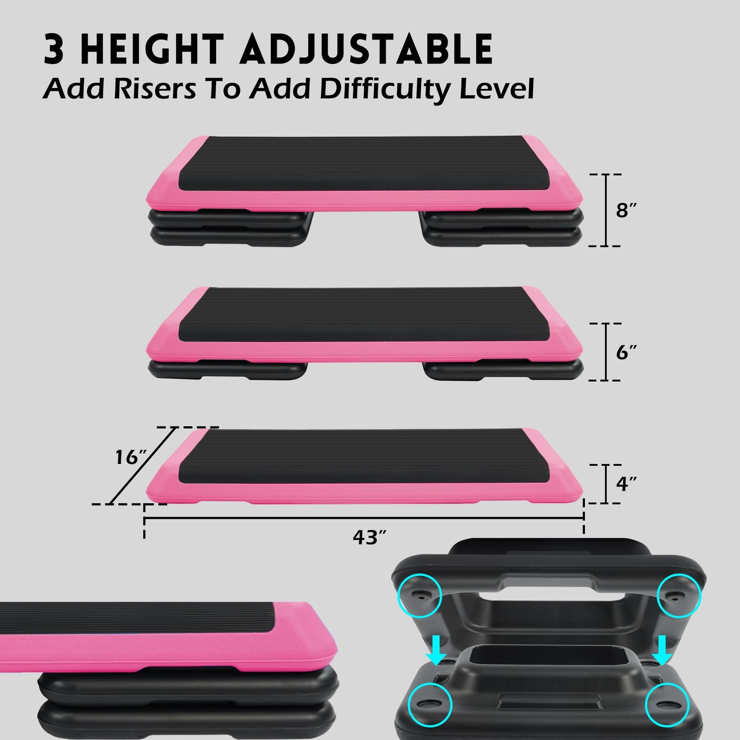 Fitvids 43''x 16'' Adjustable High Step Aerobic Step Platform with 4 Stackable Risers, Workout Step Platform for Exercise at Home, Stepper with Non-Slip Surface for Fitness Training, Cardio Strength, Pink
