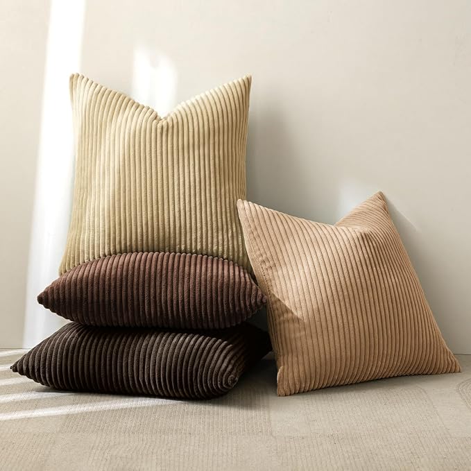MIULEE Boho Farmhouse Throw Pillow Covers 20x20 Inch Set of 4 Rustic Mordern Neutral Cushion Covers Soft Corduroy Nordic Home Decor for Couch Bed Sofa Living Room Dark Brown