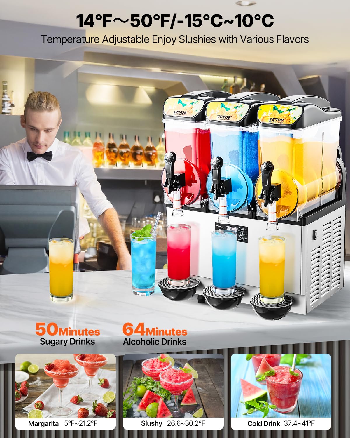 VEVOR Commercial Slushy Machine, 15Lx3 Triple Tank Margarita Machine, 180 Cups Stainless Steel Margarita Smoothie Frozen Drink Machine, Slushie Machine for Party Restaurants Cafe Bars