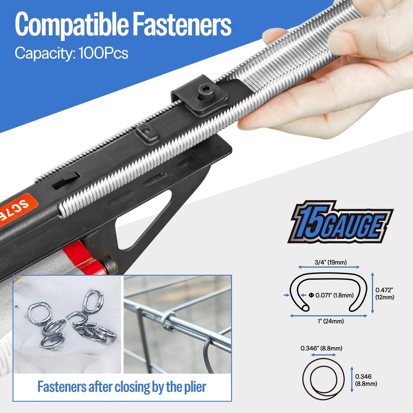 meite SC7E Pneumatic Hog Ring Gun, 15 Gauge 3/4" Crown Extended Nose Hog Ring Pliers, 8.8 mm Closure, Air C Ring Stapler for Mattress Assembly, Deep Wire Cages