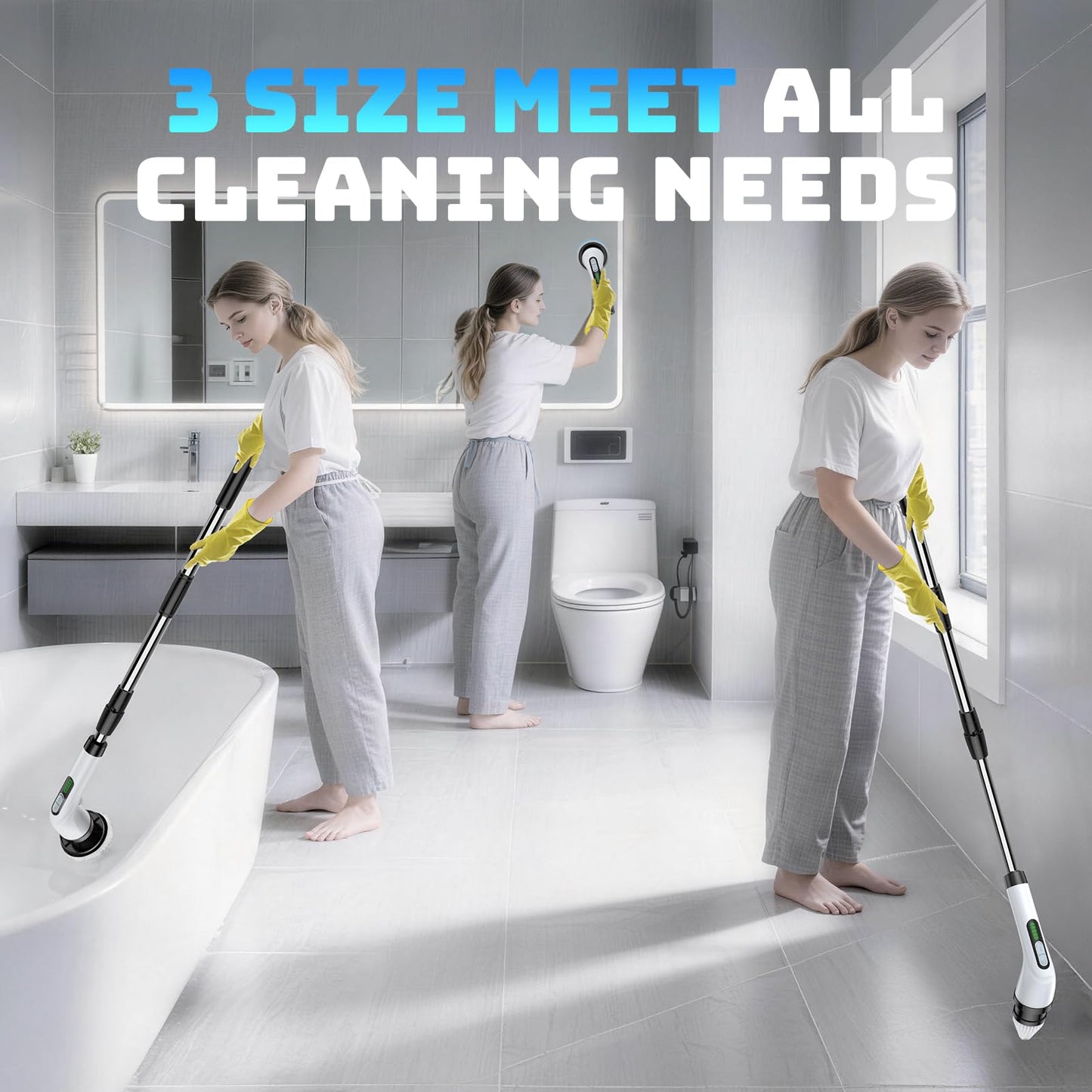 Highyes Electric Spin Scrubber, Powerful 2-Speed Cleaning Brush, IPX7 Waterproof with 7 Reusable Brush Heads & Extendable Handle, for Bathroom Toilet Shower Kitchen Wall Tile Floor Grout (White)