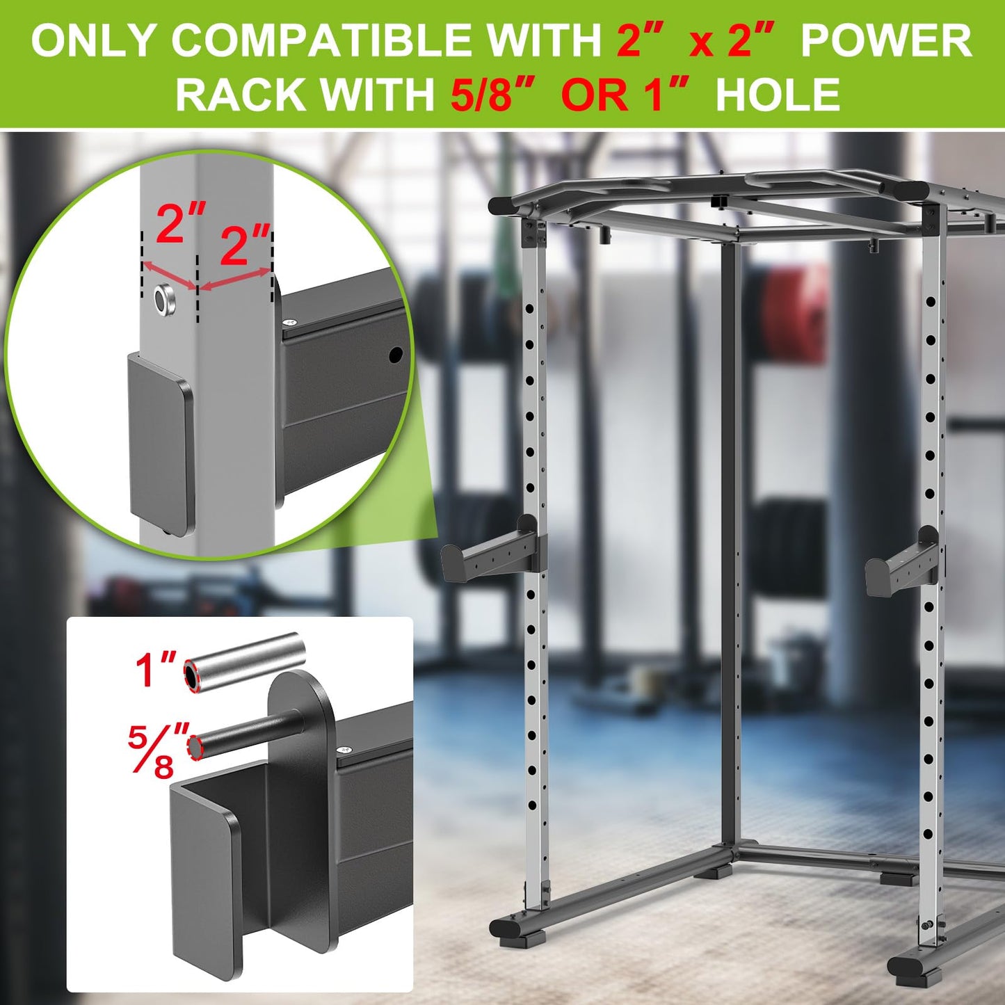 Kipika Safety Spotter Arms for 2" x 2" Power Racks with 5/8" or 1" Holes - Heavy Duty Barbell Safety Catches with Rubber Pad - Adjustable and Easy to Install - Set of 2