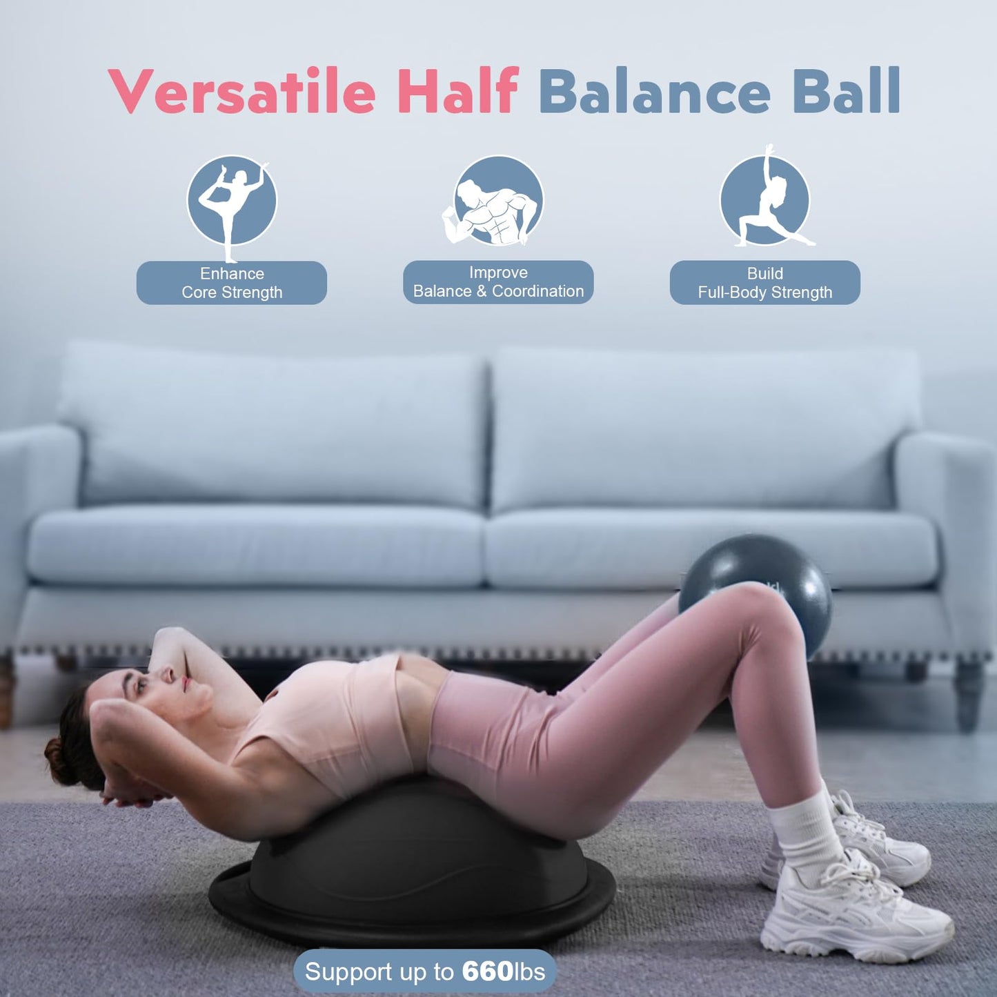 kisnbld Half Balance Ball Trainer, Inflatable 19/23 Inch Half Exercise Ball with Resistance Bands and Pilates Bal, Non-Slip 660lbs Capacity Yoga Ball for Home Gym Full Body Workouts
