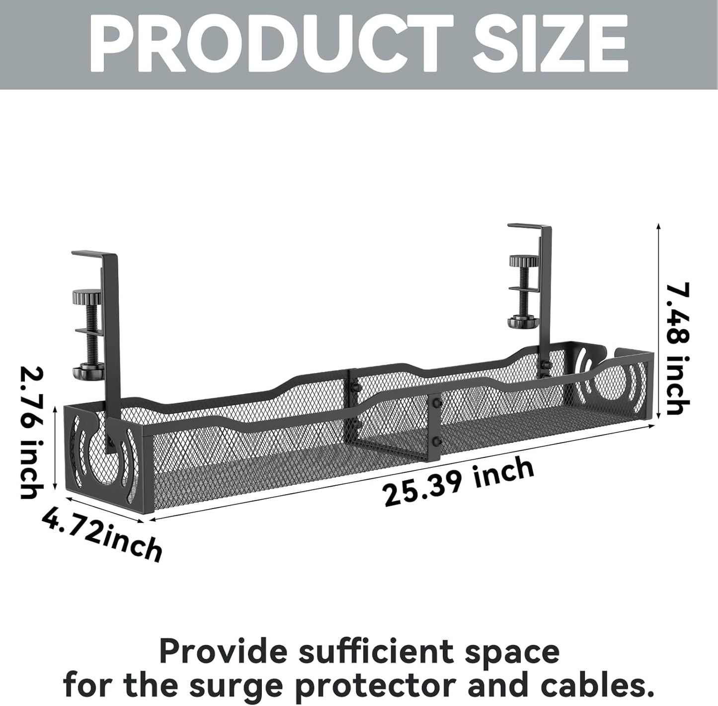 LOVJOYSE 25.3'' Cable Management, Under Desk Cable Management Tray No Drill, Metal Cable Organizer with Clamp for Wire