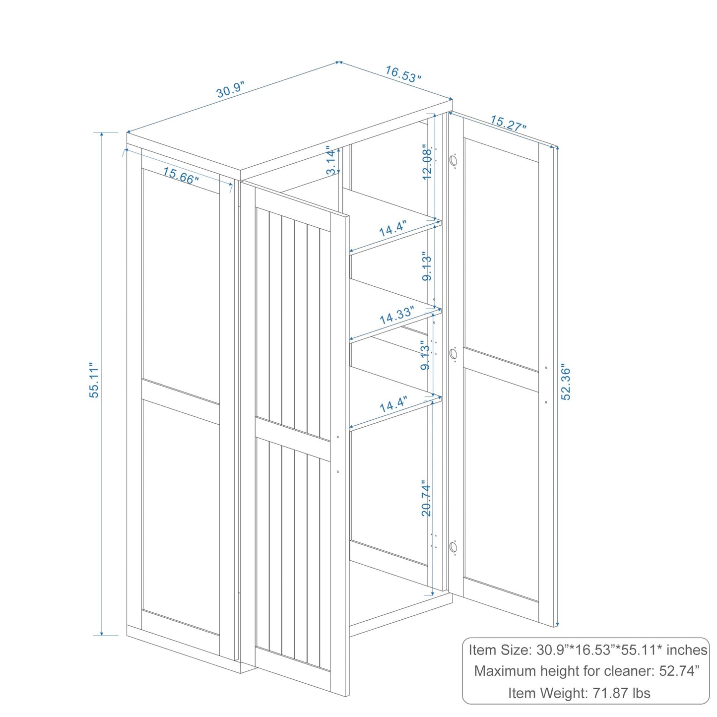 OQSC Wooden 55" Tall Broom Closet Storage Cabinet for Vacuum Cleaner & Floor Scrubbers with 2 Doors and Adjustable Shelf, Cleaning Supply Cabinet with Bottom Openwork for Laundry Room, Garage