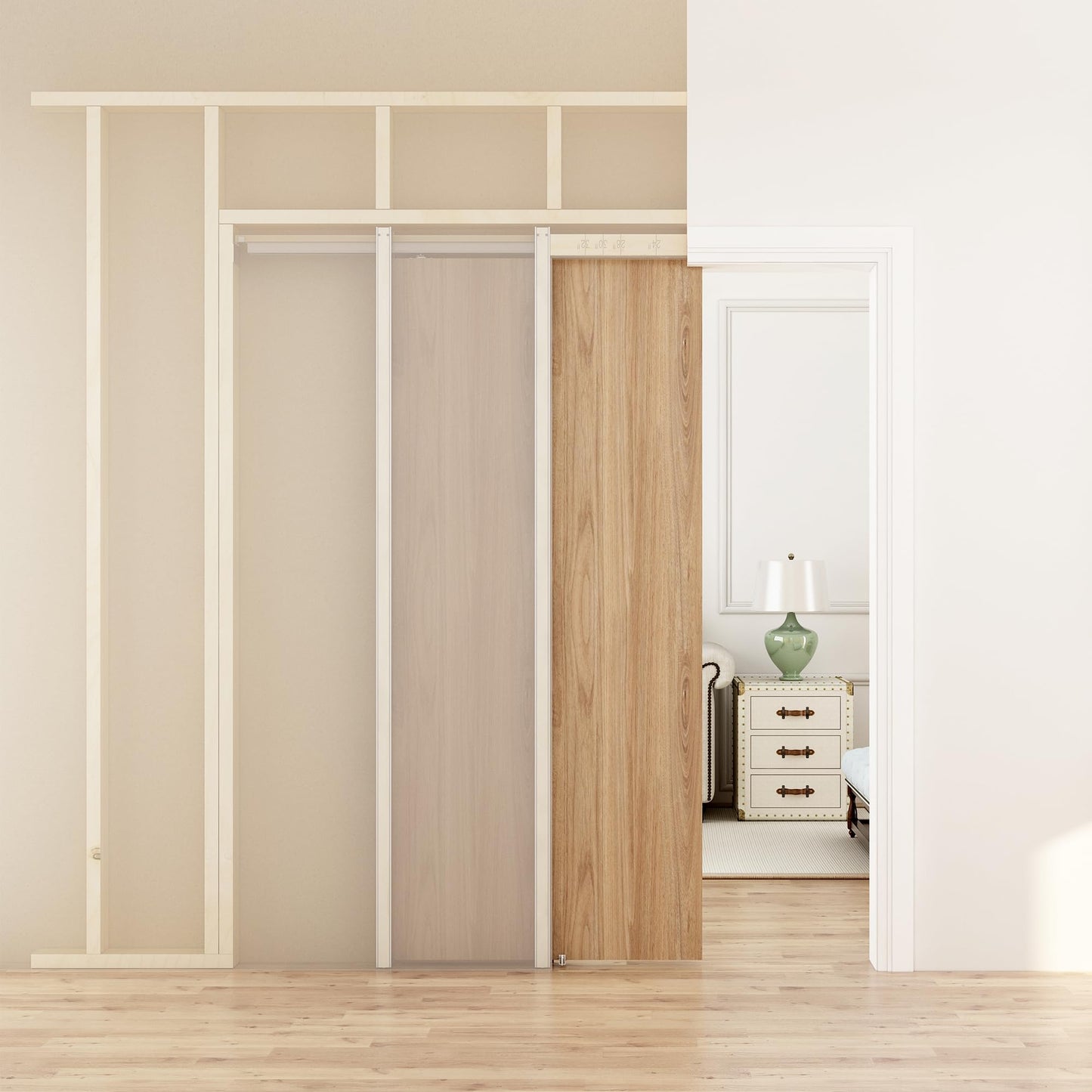 JUBEST 32"x80" Pocket Door Frame Kit with 88LBS Two-Way Soft-Close Mechanism, Easy to Install Hidden Door Kit, Smoothly and Quietly
