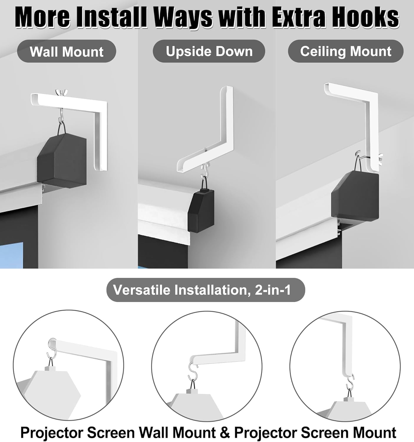 2-Be-Best 6 inch 84 lbs 38kg Universal Projector Screen Mount, Adjustable with More Hooks Projector Screen Wall Mount