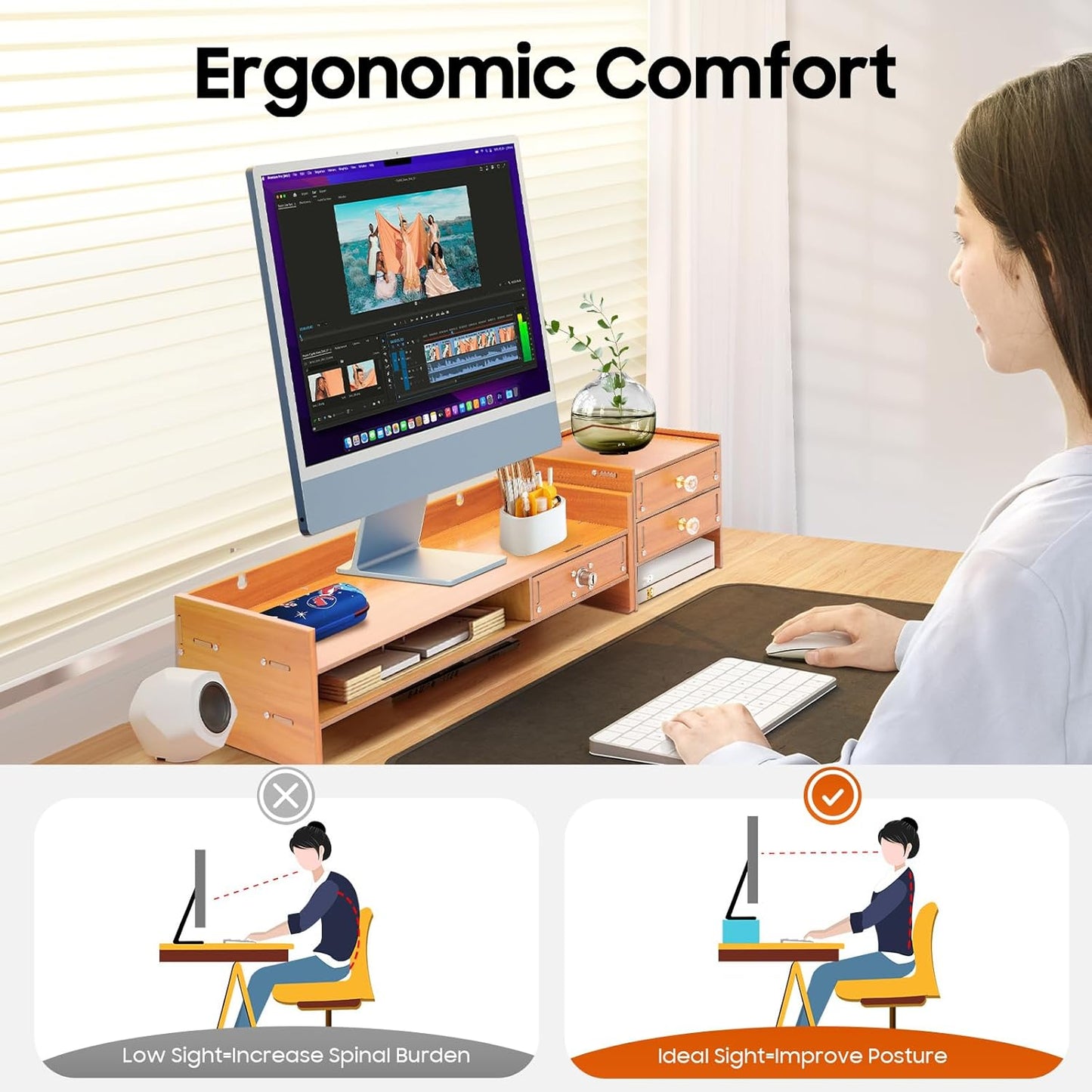 ZBXGJKSY monitor stand, Computer Monitor Stand Bring three Drawers Large Storage desk organizer with drawers desk