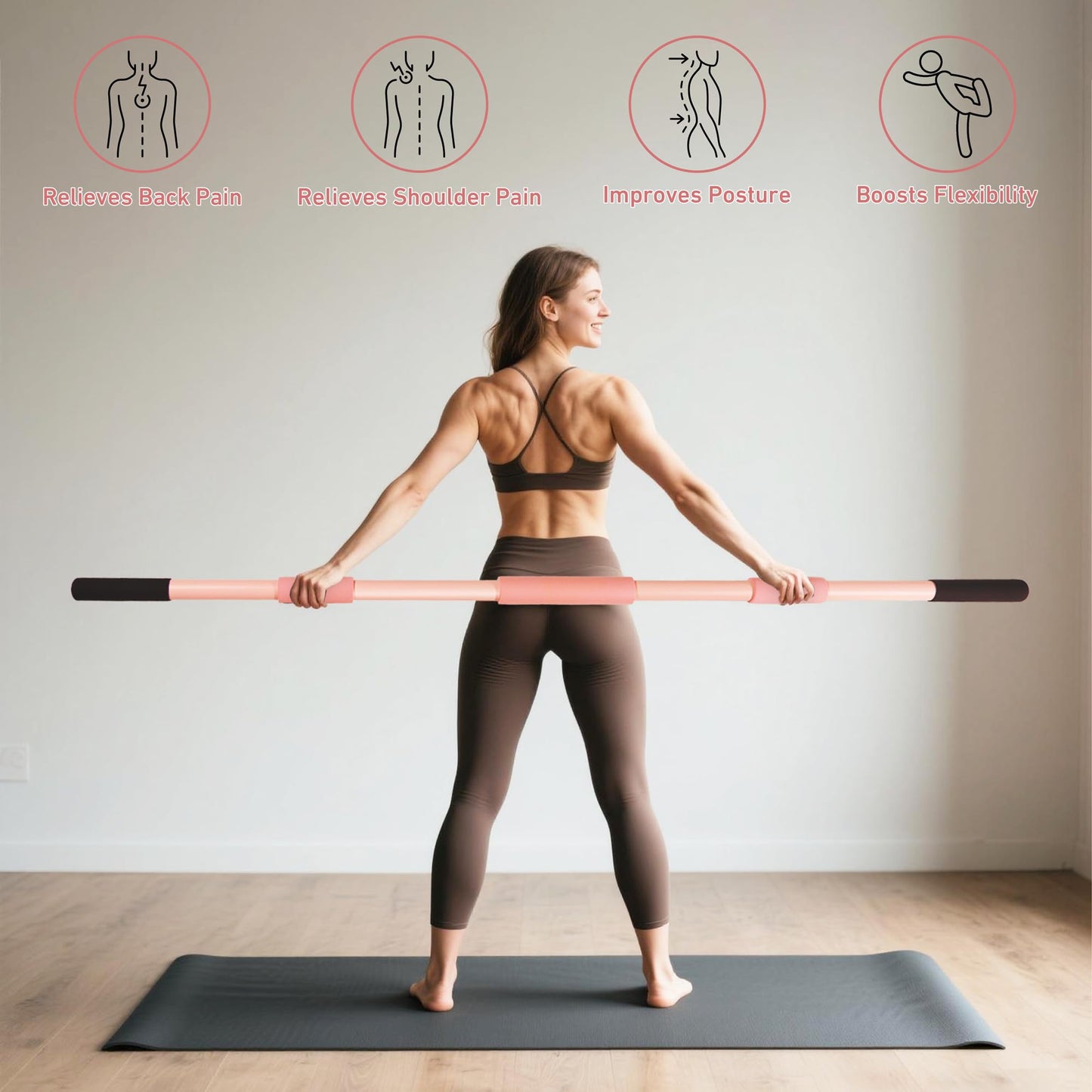Scisum Pink Yoga Stick 58 Inch - Alloy Steel Stretching & Exercise Stick with Neck & Hand Pads, Shoulder Flexibility Tool for Yoga, Pilates & Home Gym Workouts