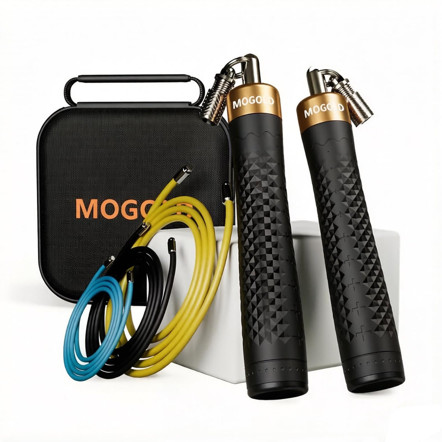 MOGOLD Jump Rope Weighted with 3pcs Heavy Ropes in 118in Long, Anti-Slip Handles with Quick Release, Carrying Case, Black (Red)