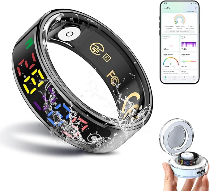 Smart Ring for Women Men, Health Ring with Colorful Display, Fitness Tracker with Heart Rate, Blood Oxygen, Sleep Monitor, No Subscription Fee, 5ATM Waterproof for iPhone & Android (Black, 8)