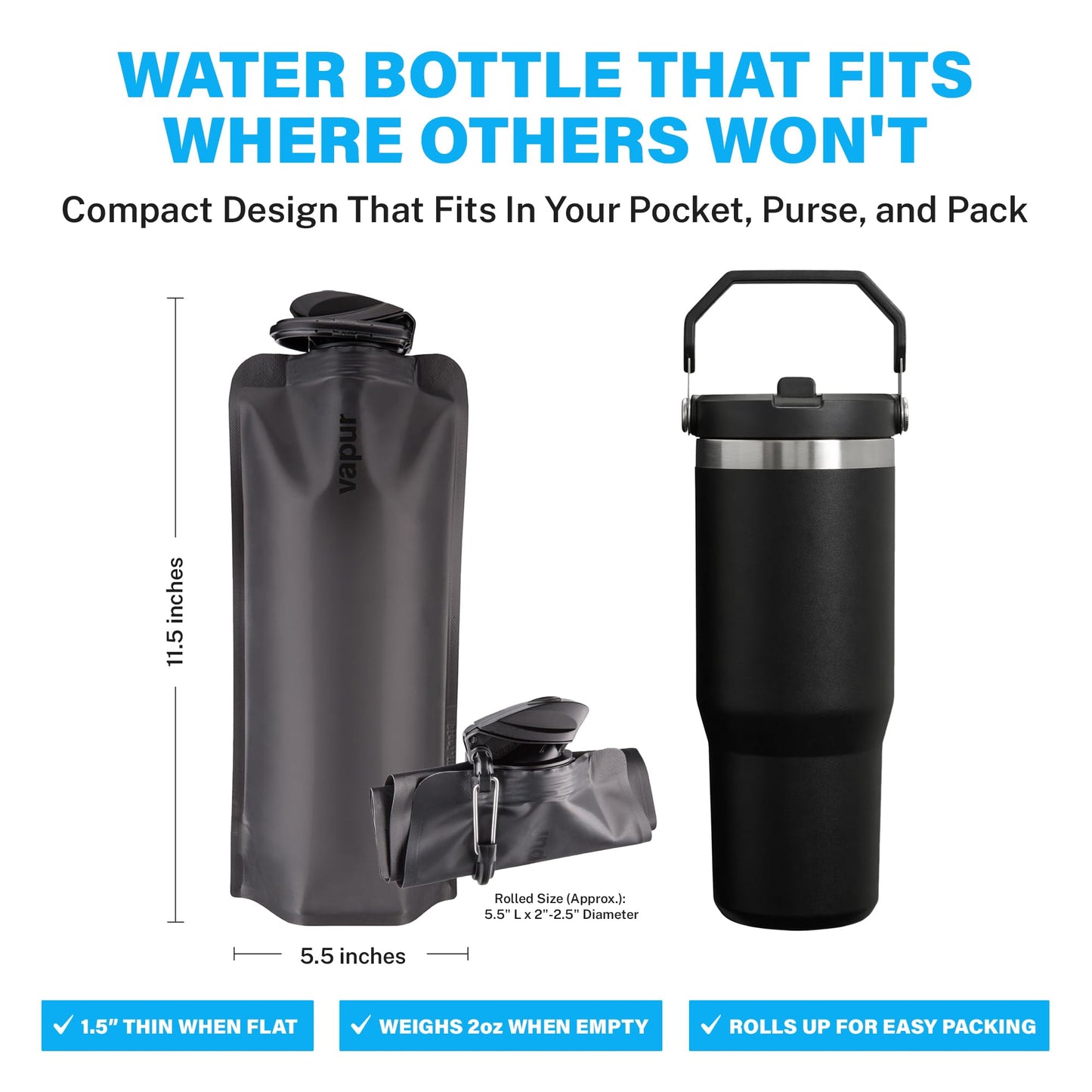 Vapur Collapsible Water Bottle with Carabiner - 34oz (1L), Blackout - Flexible and Lightweight Water Bottle for Travel, Concert, Hiking, and Outdoor Adventures - BPA-Free, Dishwasher-Safe, Freezable
