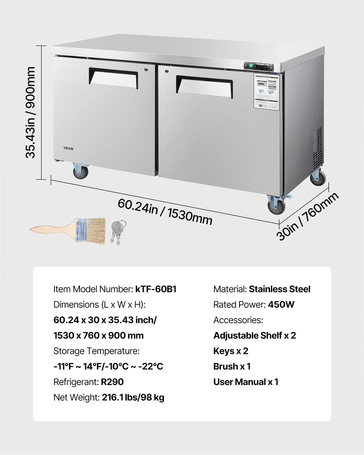 VEVOR 60" W Commercial Freezer, 14.8 Cu.Ft Worktop Freezers Undercounter with LED Auto Lighting and Lockable Door, 2 Doors Food Freezing Prep Worktable, Stainless Steel Prep Frozen Table with Casters