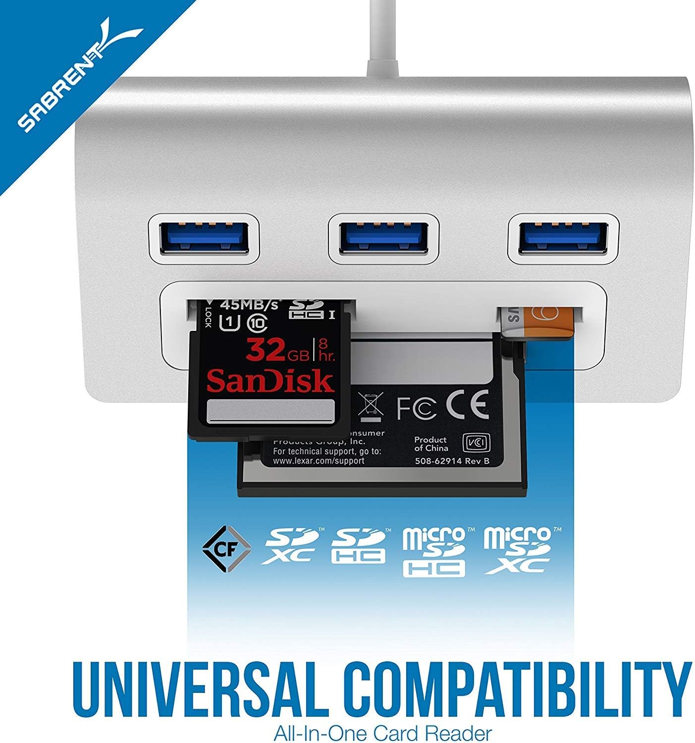 SABRENT 3 3.0 1 (12" Premium Port Aluminum USB Hub with Multi in Card Reader Cable) for iMac, All MacBooks, Mac mini
