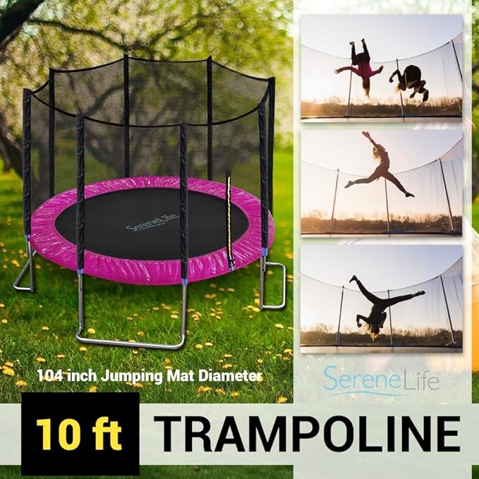 SereneLife 10ft Outdoor Trampoline with Safety Net Enclosure - Large Backyard Trampoline for Kids, Teens & Adults, Weather-Resistant Jumping Mat, Sturdy Frame, Perfect for Family Fun, 120"x120"x100.8"