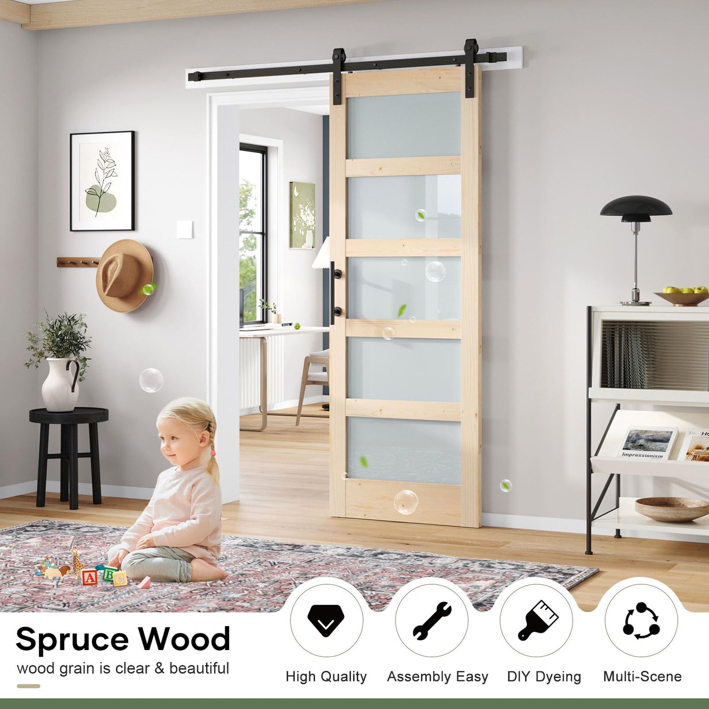 ROYMELO 32x84 inch Glass Sliding Barn Door Slab with 5.5ft Hardware Kit Included, 5-Panel Frosted Glass, Spruce Wood Support DIY Dyeing, Easy Assembly