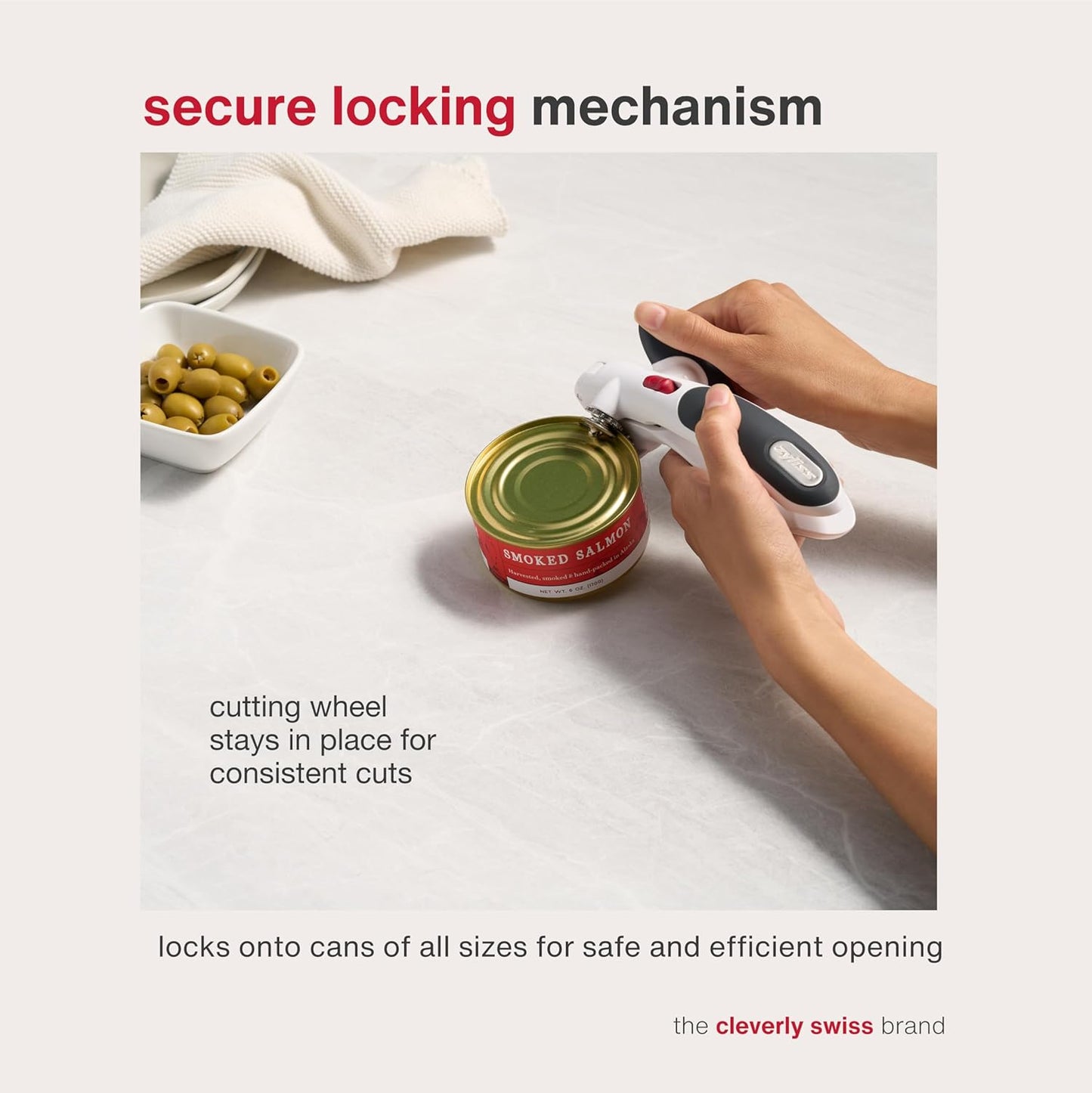 Zyliss Lock N' Lift Can Opener - Easy Manual Opener with Magnetic Lid Lifter - White/Gray