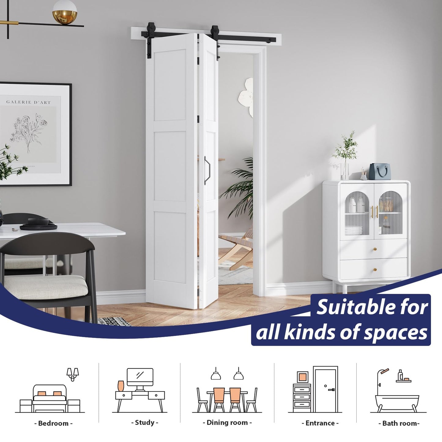 FREDBECK 42x84 White Bifold Barn Doors 3 Panles PVC Surface and Hardware Included