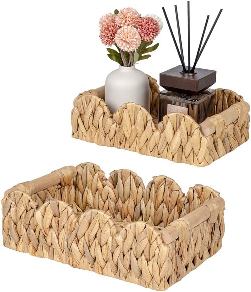 Kriitools Scalloped Wicker Rattan Baskets - Handwoven Storage Baskets for Home Decor | Set of 2