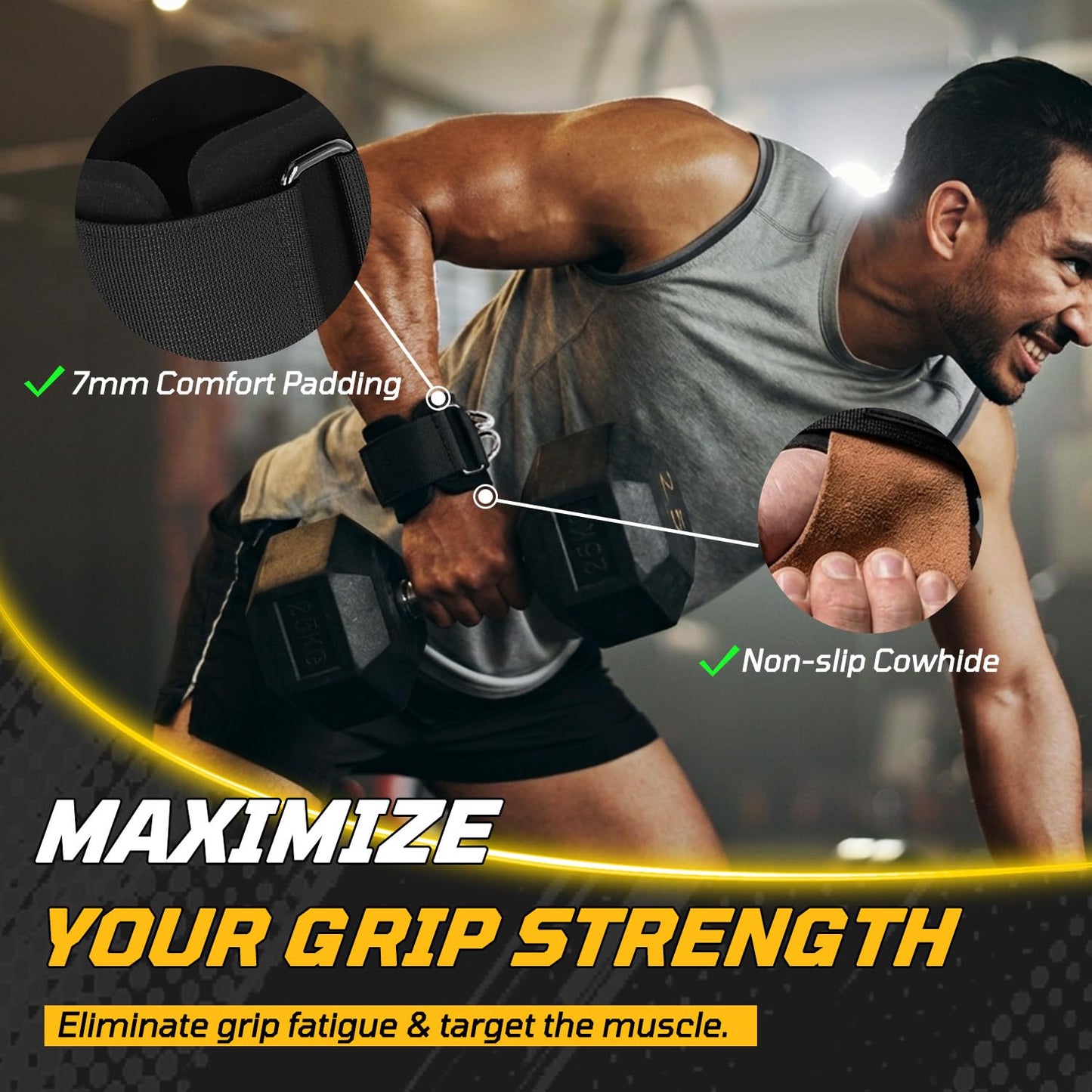 Lights Mountain Weight Lifting Straps with D Rings, Leather Palm Grip, 7mm Wrist Support Padding, Adjustable Fit for Cable Machines & Free Weights
