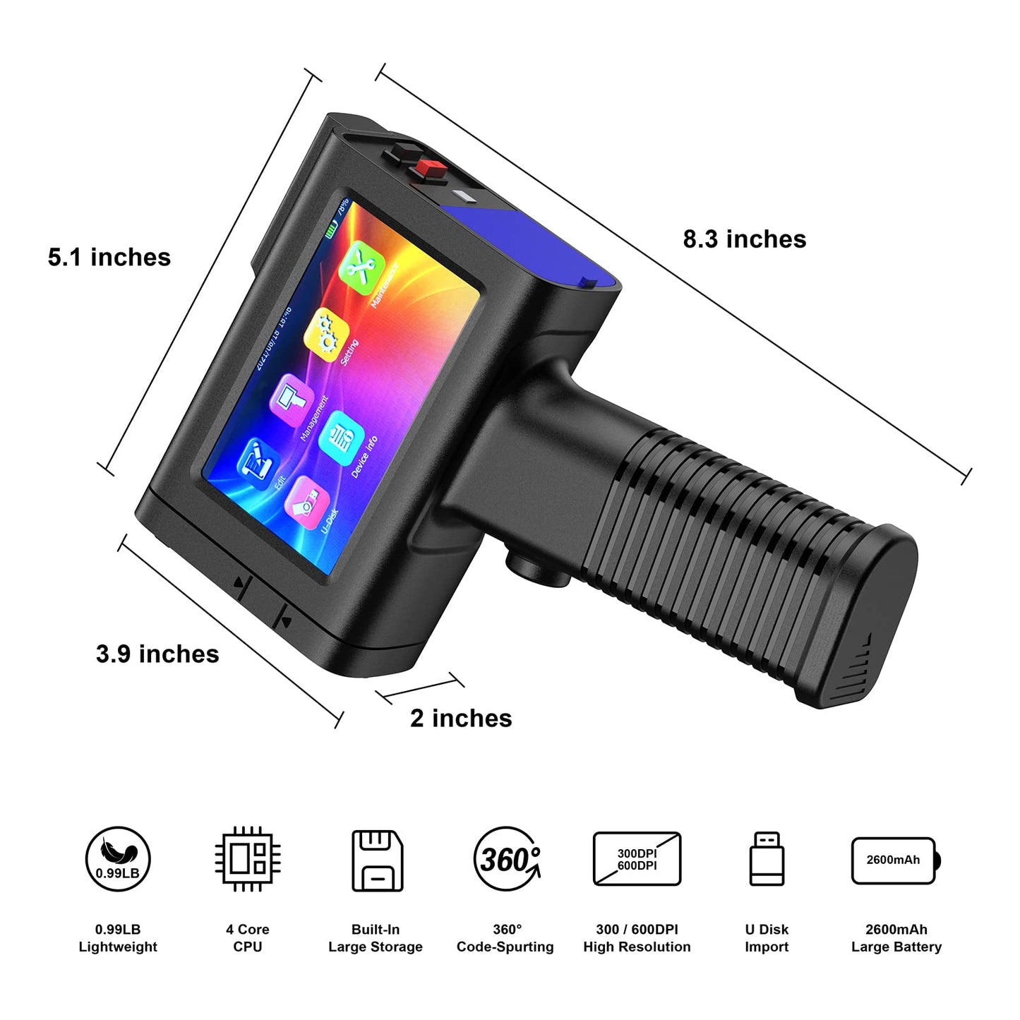 UPRINTJET Handheld Inkjet Printer BT-HH6105B2 with Photoelectric Sensor Inkjet Coder Quick-Drying Ink for Barcode QRcode Batch Number Logo Date Printing Machine Handheld Printer for Any Surface