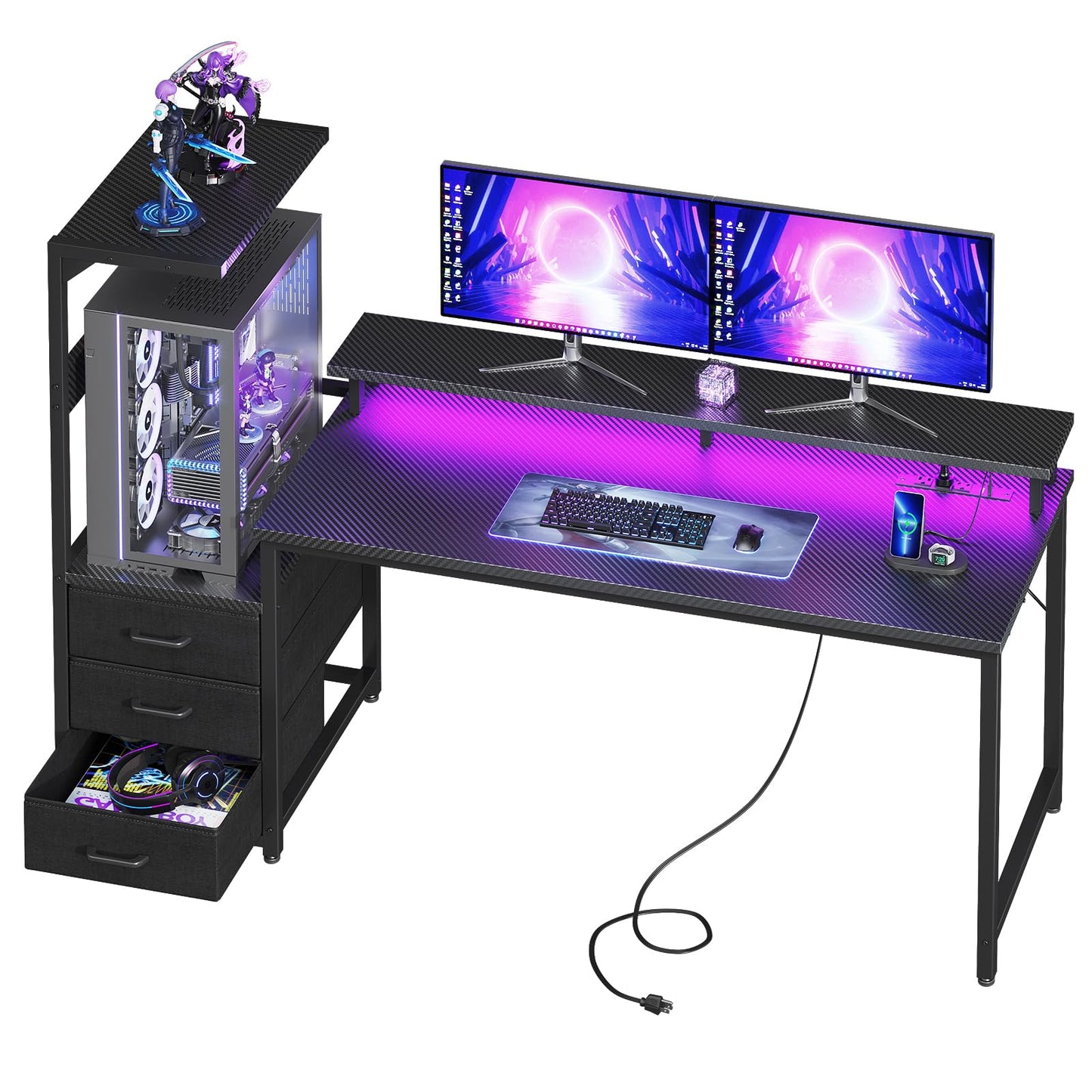 AODK 59 Inch Gaming Desk with LED Light- Reversible Computer Desk with Storage Shelves & Monitor Stand, Modern Gamer Desk Table with Fabric Drawers, Black