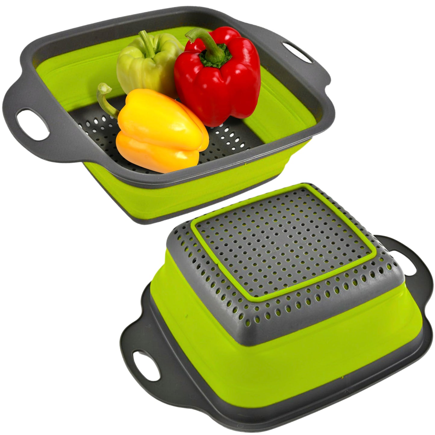 Square Collapsible Colander with Handles – Green Square Silicone Kitchen Strainers with Plastic Handles Foldable Kitchen Strainer Perfect for Draining Pasta Vegetable and Fruit Green