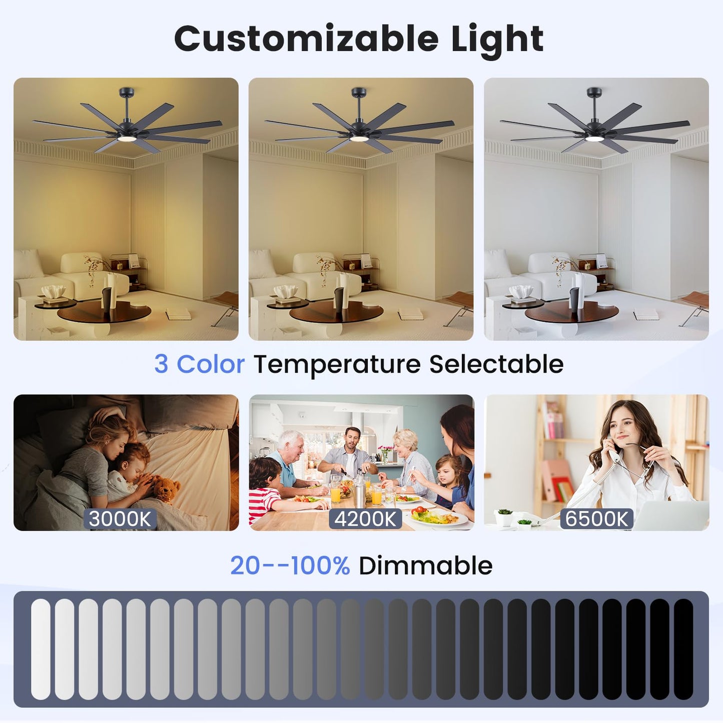 Newday 62 inch Large Ceiling Fans with Lights and Remote, Indoor/Outdoor Black Ceiling Fan for Living Room Patio, 6 Speeds Slient Reversible DC Motor, 3CCT, Timer, 2 Downrods, 8 Blades